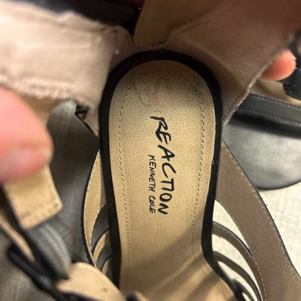 Kenneth Cole Reaction Black Gladiator Wedge Sandals | Strappy Ankle Buckle - Picture 3 of 5